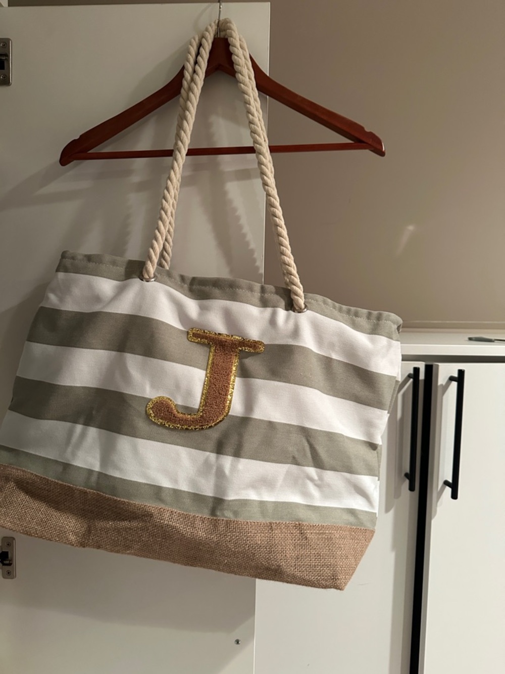 Striped Canvas Tote Bag with Gold Initial J